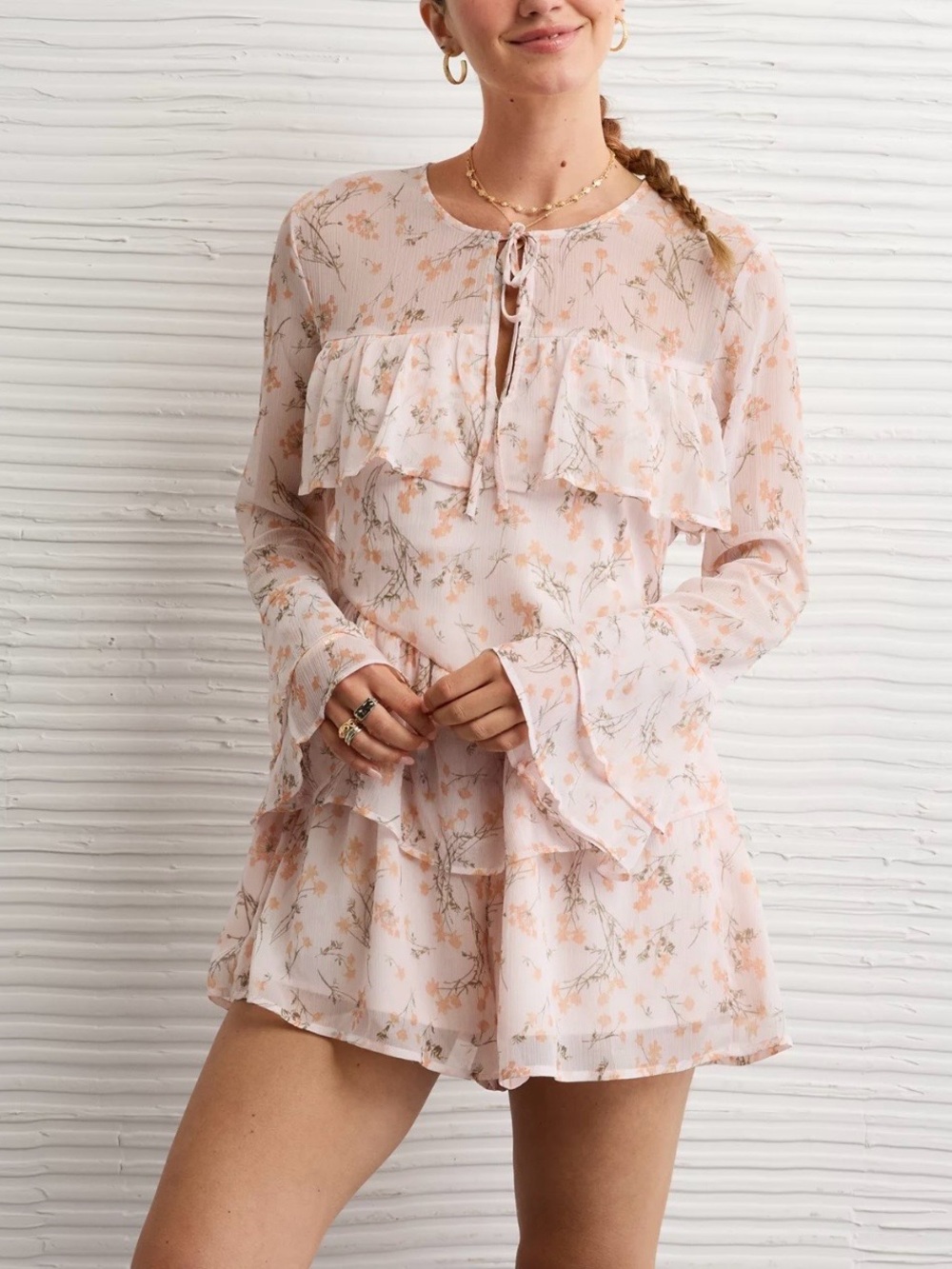 American Eagle Outfitters Pink Floral Ruffle Romper
